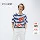 editionT恤女金鱗新春系列錦鯉印花清爽藍白條紋短袖純棉上衣 藍白條色 S