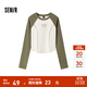 森馬（Semir）長(cháng)袖T恤女短款緊身撞色插肩袖明線(xiàn)顯瘦冬季印花圓領(lǐng)上衣復古 白綠色調00314 M