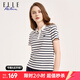 ELLE ACTIVE復古條紋系列Polo衫女裝夏季舒適微彈條紋撞色運動(dòng)休閑短袖T恤女 白/藏青色 XL