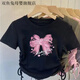 雙魚(yú)兔冰絲螺紋韓版童裝女童夏季時(shí)尚簡(jiǎn)約卡通T恤兒童潮流抽繩短袖上衣 628# 黑//色(蝴蝶結)超美 140