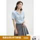 獨束大碼女裝設計感簡(jiǎn)潔抽褶翻領(lǐng)短袖t恤女夏季新款微胖mm上衣潮 天空藍 L (尺碼：2)