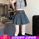 歐貝汐2025春夏新款復古牛仔百褶裙高腰A字設計感半身裙短裙 藍色 M