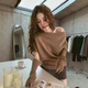 蘇雨薇咖色斜肩一字領(lǐng)毛衣修身打底衫女早秋內搭可外穿配袖套針織衫上衣 咖色【關(guān)注店鋪-送運費險】 S （80-95斤）