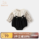 班喜迪嬰兒衣服秋裝嬰幼兒連體衣寶寶碎花包屁衣背帶褲套裝小月齡外出服 米色 80cm