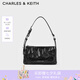 CHARLES&KEITH褶皺油蠟皮斜挎小方包手提包腋下包女士生日七夕禮物CK2-80160183 Noir黑色 S