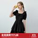 樂(lè )町甜美荷葉邊領(lǐng)連衣裙俏皮少女顯瘦收腰雙層蛋糕裙 黑色（現貨） S