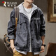 啄木鳥(niǎo)（TUCANO）2025假兩件牛仔外套男士春秋季衛衣連帽子痞帥潮牌寬松夾克男衣服 黑灰色【假兩件】 L 【適合130-150斤】
