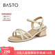 百思圖夏季商場(chǎng)新款時(shí)尚氣質(zhì)露趾條帶一字帶粗跟女涼鞋TS501BL4 米色 37