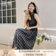 香影黑色格子無(wú)袖連衣裙女2025秋季新款復古法式中長(cháng)款收腰a字裙 黑色 S 55/80A/85-95斤