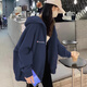 冠軍閃電美國重磅賣(mài)萌藏藍色連帽衛衣外套女秋冬新款休閑寬松加絨加厚開(kāi)衫 藏藍色常規 L