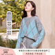 香影藍色圓領毛衣女2024秋冬季新款套頭慵懶風寬松菱格針織衫上衣 藍色 S