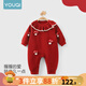 優(yōu)奇嬰兒衣服滿月女寶寶爬服紅色毛衣針織連體衣秋裝周歲禮服喜慶爬服 紅色 66cm