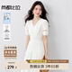 尚都比拉純棉V領(lǐng)泡泡袖白色連衣裙女夏季鏤空拼接顯瘦茶歇裙氣質(zhì)中長(cháng)裙