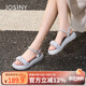 卓詩(shī)尼舒適簡(jiǎn)約網(wǎng)紗珍珠搭扣露趾一字帶涼鞋夏季時(shí)尚女涼鞋 灰藍色 37