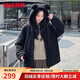鴨鴨女裝羽絨服女2024新品時(shí)尚連帽寬松鴨絨保暖羊羔毛薄外套J 璀璨黑色 S