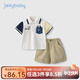 JELLYBABY男童夏裝2025新款套裝3兒童夏款兩件套小童翻領帥氣5寶寶夏季衣服 米白 100