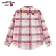 查爾斯桃心復古長(cháng)袖情侶款休閑寬松秋寄花卉愛(ài)心刺繡格子襯衫 粉白格 L