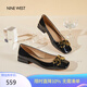 NINE WEST/玖熙低跟單鞋牛漆皮淺口方頭金屬飾扣工作女鞋NF445006FK 黑色39