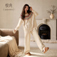 悅內半邊絨睡衣女冬季秋冬款珊瑚絨加絨加厚保暖家居服復古費爾島套裝 24293米杏色 M (160) 【體重90-110斤】