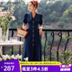 Olrain歐芮兒法式牛仔連衣裙夏季女裝收腰復古港風(fēng)開(kāi)叉裙子衣服 牛仔藍 S