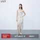 LILY【專柜甄選】夏新款女裝別致印花洋氣蕩領(lǐng)吊帶裙連衣裙女 604米白 S