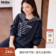MsShe【披肩衛衣套裝】大碼女裝2025秋季胖mm條紋刺繡上衣半身裙 【衛衣＋半身裙】藏青藍色現貨 2XL