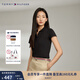 TOMMY HILFIGER【五?？邸肯募九b珠地網眼優(yōu)雅通勤純色條紋修身短袖T恤POLO 黑色BDS S (推薦：90-105斤)