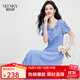 熙世界（sllsky）法式度假碎花連衣裙2025夏天新款泡泡袖花邊V領(lǐng)雪紡裙子 藍底黃花 S