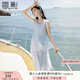 香影藍(lán)色海邊連衣裙女無袖2025夏裝新款不規(guī)則荷葉邊航海系沙灘裙 航線藍(lán) M 160/84A/95-110斤