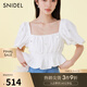 SNIDEL【明星同款】春夏甜美泡泡袖釘珠方領(lǐng)襯衫上衣SWFB242300 白色 M （1）
