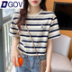 DGOV2025韓版寬松條紋短袖t恤女夏休閑復古港味刺繡上衣打底衫潮 藍色 M 建議101-115斤