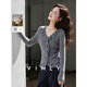 梵希蔓荷葉邊拼蕾絲灰色針織開(kāi)衫女v領(lǐng)內搭打底衫上衣 碳灰色    XL   