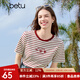 百圖betu女裝2025夏季新款T恤撞色領(lǐng)邊意趣圖案條紋棉感短袖女2503X05 紅白條 L