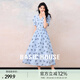 Basic House/百家好蝴蝶結(jié)印花連衣裙法式泡泡袖中長(zhǎng)款裙子夏新款 藍(lán)色 L