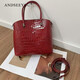 ANDSEEYOU2026春夏新款真皮女神節手提包高檔鱷魚(yú)紋牛皮單肩斜挎包托特包女 安哥拉紅色