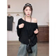 早秋裝2025明星同款黑色斜角肩長(cháng)袖T恤女打底衫一字露肩慵懶上衣 黑色 S 【110斤以下】