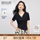 熙世界sllsky不規(guī)則開叉黑色T恤短袖女裝2025新款設(shè)計(jì)感修身正肩V領(lǐng)上衣t恤 高雅黑 XL