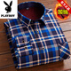 花花公子純色棉加絨長(cháng)袖襯衫男秋冬季襯衣男保暖格子外套印花休閑爸爸裝 C636 2XL 適合140斤-159斤