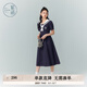 紫涵（ZIHAN）紫涵學院風連衣裙女夏季新款日系海軍領系帶收腰短袖中長裙子 藏青 XL