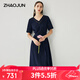 兆君2025春夏桑蠶絲新款短袖連衣裙女系帶收腰純色真絲雙縐裙子 藏青 L
