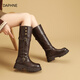 DAPHNE達芙妮棕色長(cháng)筒靴女靴2026新款春季長(cháng)靴厚底增高騎士靴美拉德靴子