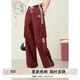 紫涵（ZIHAN）紫涵美式學院風高街工裝褲女2025年夏季新款紅色兩杠束腳休閑褲子 西拉紅 M