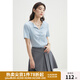 獨(dú)束大碼女裝設(shè)計(jì)感簡(jiǎn)潔抽褶翻領(lǐng)短袖t恤女夏季新款微胖mm上衣潮 天空藍(lán) XL (尺碼：3)