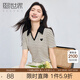 熙世界sllsky撞色條紋polo領(lǐng)t恤短袖女2025夏季新款寬松休閑正肩上衣 杏底黑條 XL
