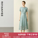 顏域高貴氣質(zhì)蕾絲連衣裙女2025夏季新款收腰顯瘦短袖法式復古長(cháng)裙 綠色 M