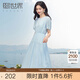 熙世界sllsky藍色亞麻連衣裙女2025女裝新款氣質(zhì)優(yōu)雅收腰圓領(lǐng)泡泡袖裙子秋裝 鹽水藍 M