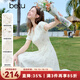 百圖betu女裝2025夏季新款連衣裙抽褶泡泡袖國風(fēng)印花收腰裙子2503T91 米白 M