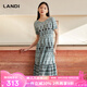 藍地（LANDI）波西米亞風印花復古連衣裙女短袖收腰中長裙夏新品 葉綠色 M