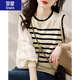 羅蒙（ROMON）女裝針織襯衫2025年新款拼接花邊領(lǐng)針織衫條紋燈籠袖上衣通勤百搭 米白色 M （95-105斤）