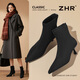 ZHR高跟鞋短靴女尖頭細高跟彈力瘦瘦靴加絨絨面氣質(zhì)女靴 CV11A黑色38